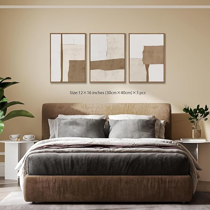 myusuar 3 Piece Large Modern Abstract Canvas Framed Wall Art For Living Room, Brown And Beige Block Minimalist Wall Art Decor Posters Prints For Bedroom Office, 12x16in