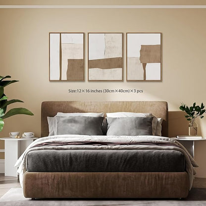 myusuar 3 Piece Large Modern Abstract Canvas Framed Wall Art For Living Room, Brown And Beige Block Minimalist Wall Art Decor Posters Prints For Bedroom Office, 12x16in