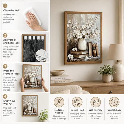 Framed Rustic Books Wall Art Farmhouse Floral Painting Picture Wall Decor Still Life Flowers Poster Print Artwork for Library Gallery Living Room Home Decoration