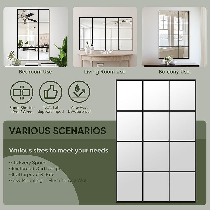 Suidia Wall Mirror, 36" x 40" Window Decorative Mirrors, Metal Framed Wall Decor Wall-Mounted Mirrors for Bedroom, Living Room, Entryway, Black