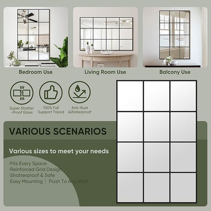 Suidia Wall Mirror, 36" x 60" Window Decorative Mirrors, Metal Framed Wall Decor Wall-Mounted Mirrors for Bedroom, Living Room, Entryway, Black