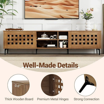 Giantex Mid Century Modern TV Stand for 60-80 Inch TV, Large Entertainment Center w/Storage Cabinet, Basket Weave Wooden Door & Open Compartment, Wood Media Console Table for Living Room Bedroom