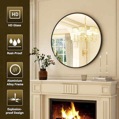 XRAMFY 30 Inch Round Mirror - Circle Mirrors for Bathroom, Entryway and Living Room Wall Decor, Modern Hanging Vanity Mirror, Matte Black Circle Decorative Wall Mirror