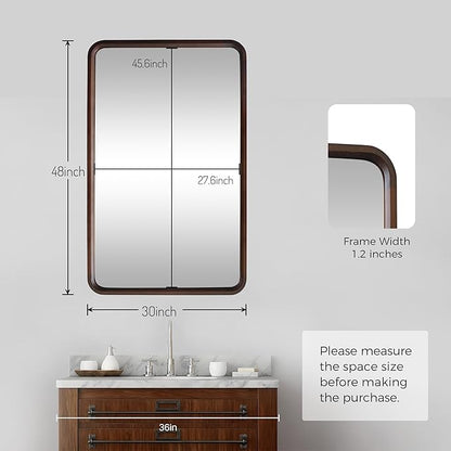 Bathroom Mirror for Wall,Wood Rectangle 30 x 48 inch Hanging Vatiny Tempered Mirrors with Rounded Corner for Living Room,Bedroom,Entryway