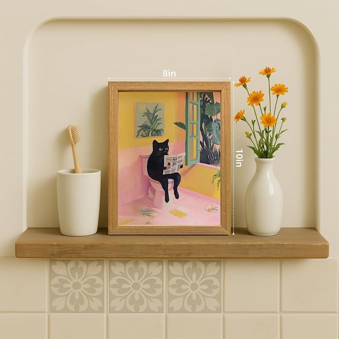 Cyebmo Funny Bathroom Wall Art, Cute Black Cat Sitting on Toilet Reading Newspaper Wall Decor, Whimsical Pink Abstract Animal Canvas Artwork for Bathroom Kid's Restroom Bedroom Wood Framed 8x10 Inch