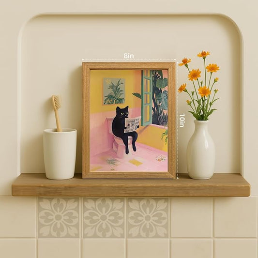 Cyebmo Funny Bathroom Wall Art, Cute Black Cat Sitting on Toilet Reading Newspaper Wall Decor, Whimsical Pink Abstract Animal Canvas Artwork for Bathroom Kid's Restroom Bedroom Wood Framed 8x10 Inch