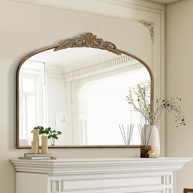 Micasso Vintage Gold Arched Mirror: 36"x29" French Baroque Antique Wall Mounted Mirror - Traditional Ornate Decorative for Wall/Fireplace/Entryway/Bathroom/Hallway - Home Decor for Living Room