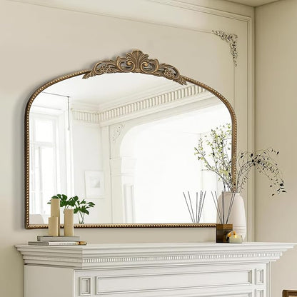 Micasso Vintage Gold Arched Mirror: 36"x29" French Baroque Antique Wall Mounted Mirror - Traditional Ornate Decorative for Wall/Fireplace/Entryway/Bathroom/Hallway - Home Decor for Living Room