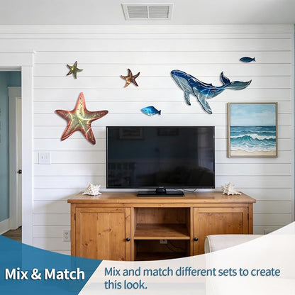 LiveInUrban Coastal Wall Art Starfish Metal Wall Sculptures, Ocean Beach Themed Metal Hanging Home Decoration 3PCS 15.6"x12.7"