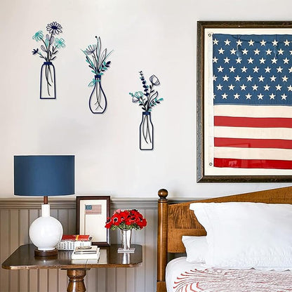Pigort 3 Pieces Metal Flowers Wall Arts - Rustic Farmhouse Style Décor Metal Wall Art Black Minimalist Flower Natural Themed Wall Decors for Home Bedroom Dining Room Housewarming (Blue)