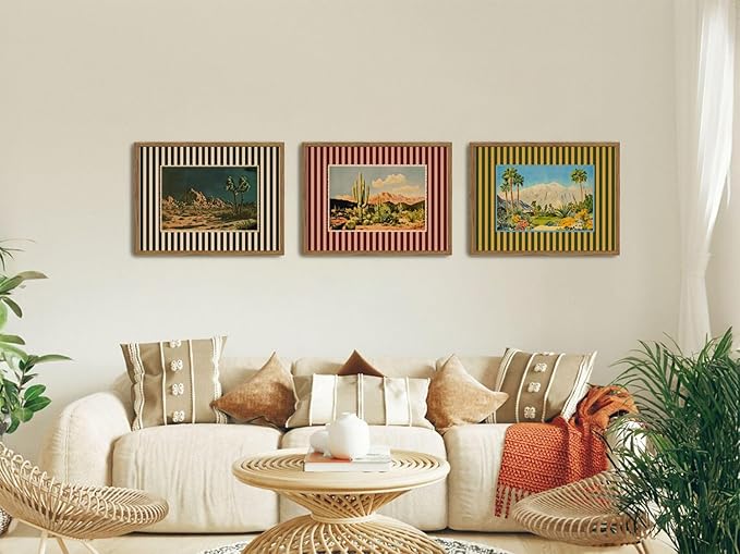 Framed Vintage Western Nature Landscape Wall Art Set of 3, Striped Postcards Southwest Desert Cactus Pictures Wall Decor Paintings, Boho Plant Canvas Prints for Living Room Bedroom Office 12x16 inch