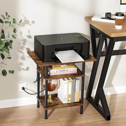 Asgolion Side Table with Charging Station, Skinny Nightstand with USB Ports and Outlets, 3 Tier Narrow End Table with Storage for Bedroom, Living Room, Office, Rustic Brown and Black