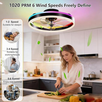 RGBCW Ceiling Fan with Light, 20" Flush Mount Low Profile Smart Fan Light with App & Remote Control, 6 Speeds Reversible, 3CCT Dimmable LED Bladeless Fandelier Quiet DC Motor for Bedroom Living Room