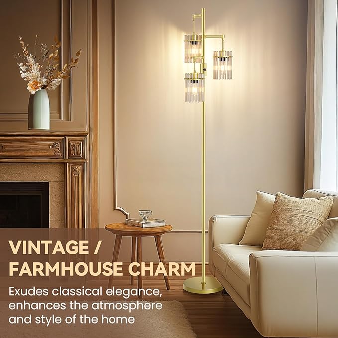 Farmhouse Glod Modern Floor Lamps for Living Room, Dimmable Glass Tree Standing Tall Lamps with 3 Elegant Teardrop Cage Head & 800 Lumens LED Bulbs for Bedroom Office (65inch Tall)