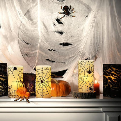 Flameless Candles Battery Operated with Timer, Set of 3 Spider Cobweb Decals Yellow Light Real Wax LED Flickering Pillar Candles Dinner Tabletop Halloween Home Decoration (3" x 6")