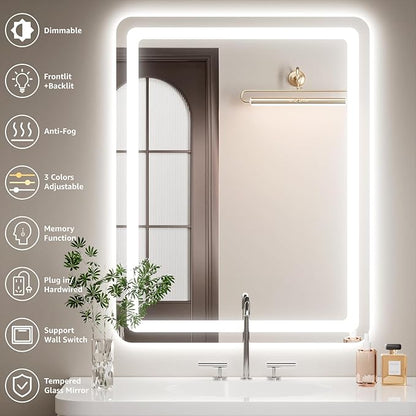 48" x 30" Led Bathroom Mirror with Lights, Anti-Fog & Tri-Color Lighting - Wall Mounted Shaving Mirror with Touch Sensor, Waterproof & Smart LED Vanity Mirror,Tempered Glass, Dimmable Smart Mirror