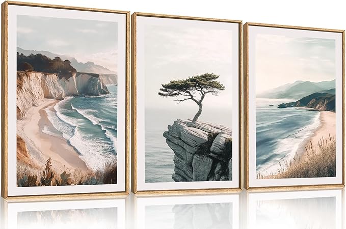 Amalfi Coastal Beach Framed Canvas Wall Art Set, Summer Ocean Wall Decor, Southwestern Beach Wall Painting, Ocean Seascape Art Prints for Living Room, Bedroom, Dining Room-16"x24"x3
