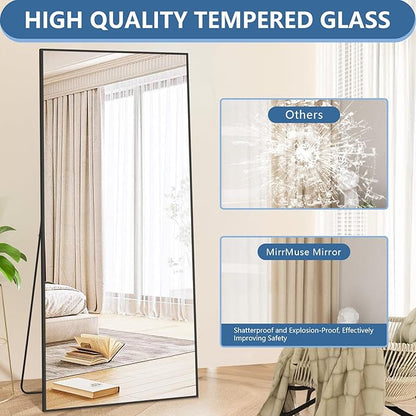 71"X32" Floor Mirror Full Length with Stand, Black Rectangle Large Free Standing Full Length Body Mirror for Gym Bedroom Living Room, Tempered Glass, Aluminum Alloy Frame