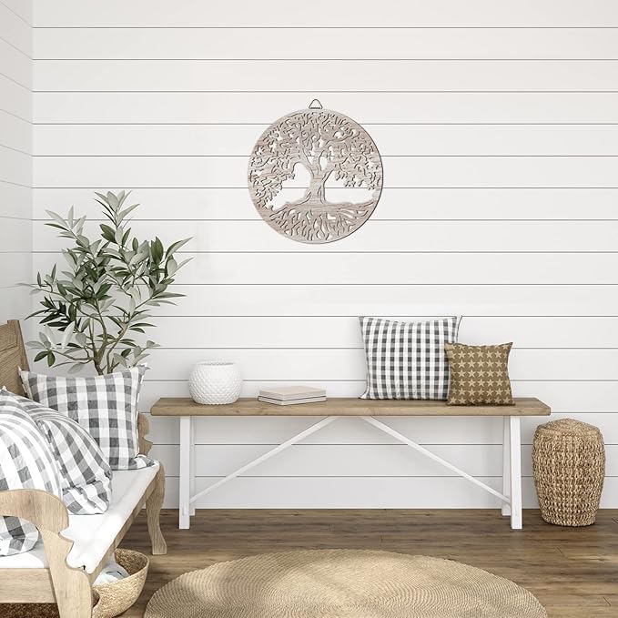 Yalikop Tree of Life Wooden Wall Art Decor Wooden Wall Sculpture 11.8 Inch Tree of Life Wood Hollowed Out Hanging Sign for Farmhouse Home Hanging Decoration Supplies(White)