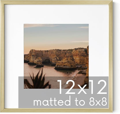 HAUS AND HUES 12x12 Gold Metal Picture Frame Matted to 8x8 - Features Premium Aluminum & Hanging Hardware, Shatterproof Plexiglass - Ideal for Home, Office (12x12 in, Gold, Set of 1)