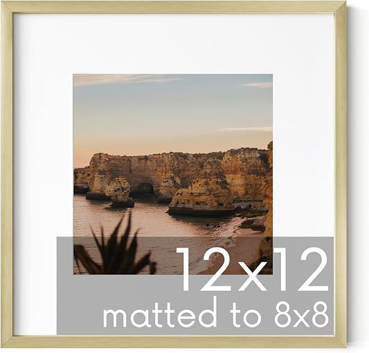 HAUS AND HUES 12x12 Gold Metal Picture Frame Matted to 8x8 - Features Premium Aluminum & Hanging Hardware, Shatterproof Plexiglass - Ideal for Home, Office (12x12 in, Gold, Set of 1)