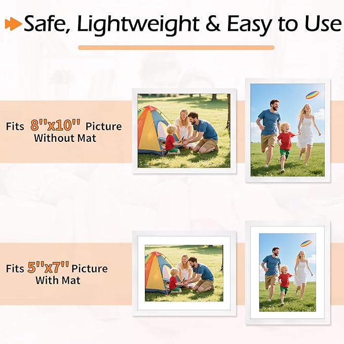 8x10 Picture Frame Set of 8, White Photo Frames for Tabletop or Wall Display, Fits Pictures 5x7 with Mat or 8x10 Without Mat, Frame Collage with HD Plexiglass for Gallery Home Wall Decor