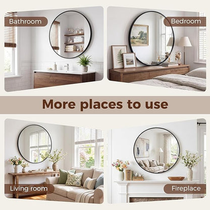 NEWBULIG 24 Inch Round Wall Mirror, Bathroom Mirror for Over Sink, Matte Metal Framed Circle Vanity Mirror, Wall Decor for Bedroom, Anti-Rust, Tempered Glass, Hanging or Leaning, Classic Black