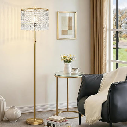 【Upgraded】 Dimmable Crystal Floor Lamps for Living Room, 1000LM LED Bulb Included, Standing Lamp with Knob Switch, Tall Gold Pole Light for Bedroom Nursery Office Corner Reading
