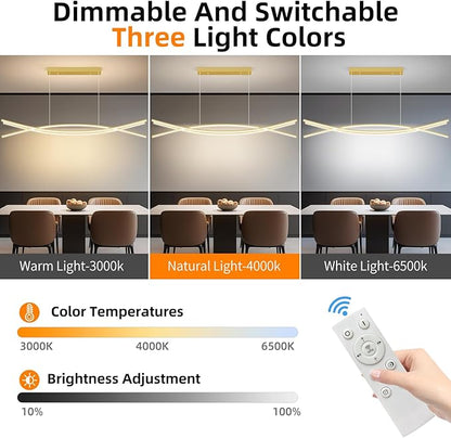 Modern Ceiling Chandelier Light, 47IN Gold Pendant Light Fixtures with Remote Control 3000k-6500K Adjustable Color Temperature, Aluminum Island Lighting Lamp for Dining Room, Living Room, Island