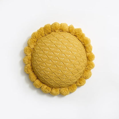 Acrylic Knitted Round Throw Pillow Knitting Bohemian Circular Cushion Pillow with Knit Handmade Pompoms Decorative Ginger Yellow, Diameter 18inches