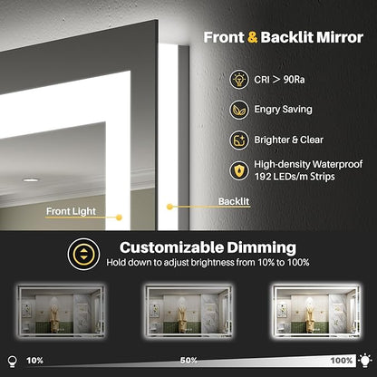 Briivue 66x36 Inch LED Bathroom Mirror with Lights, Backlit & Front Lit, Anti-Fog Lighted Bathroom Vanity Mirror for Wall, Memory Function, Dimmable, HD Tempered Glass, Shatter-Proof