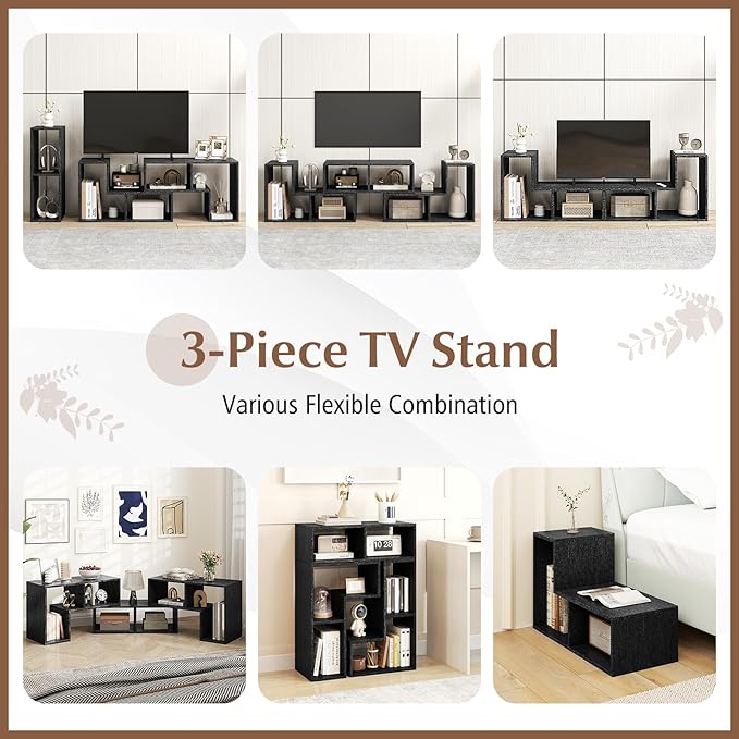 Giantex Free-Combination TV Stand for Bedroom - Entertainment Center for 50 55 60 65 Inch TV, 3-Piece Media Console Table with Storage Cubes, Deformable Open Storage Bookcase Shelf (Black Wood Grain)
