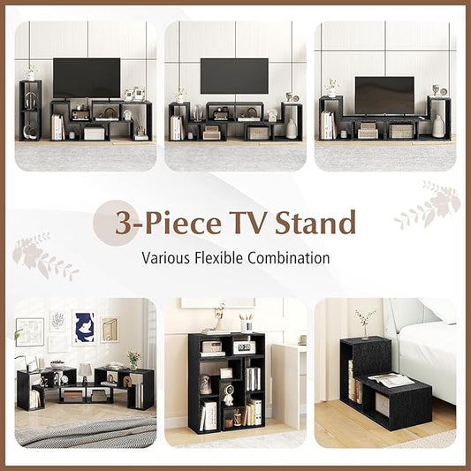 Giantex Free-Combination TV Stand for Bedroom - Entertainment Center for 50 55 60 65 Inch TV, 3-Piece Media Console Table with Storage Cubes, Deformable Open Storage Bookcase Shelf (Black Wood Grain)