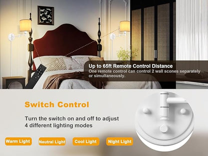 GOODATE Plug in Wall Sconces with Remote Control, Dimming, Adjustable Colors 2700K-6500K, Hardwire or Plug-in, Swing Arm Wall Lamp, Wall Sconces Set of Two, White Fabric Shade, White Finish