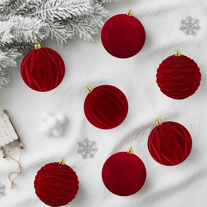 Liliful 12 Pcs Velvet Christmas Ornaments Balls, 4 Inch Flocked Plastic Christmas Tree Ball Shatterproof Hanging Ornaments Decorations for Xmas Tree Vintage Holiday Rustic Home Decor(Wine Red)