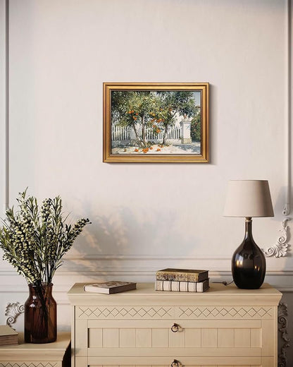 Bzstyleart Vintage Wall Art Decor for Living Room, Gold Framed Canvas Wall Art Home Decor Aesthetic, Orange Courtyard Prints, Canvas Picture Print Artwork, 12 x 16 Inch