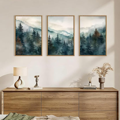 KAIRNE Watercolor Misty Forest Framed Canvas Wall Art Set, Nature Landscape Wall Decor, Foggy Mountain Pine Trees Wall Painting, Jungle Scenery Artwork for Living Room, Bedroom, Office-16 x24 x3