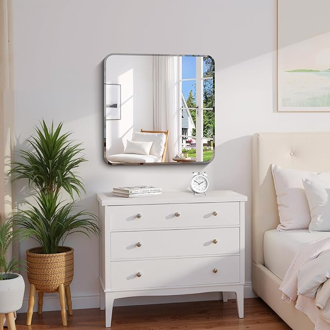 CILIBER Beveled Mirror, 24x24 Square Bathroom Mirror Rounded Corner, 3mm Tempered Glass, 18 inch Frameless Vanity Mirror with Beveled Edge for Bathroom, Bedroom, Living Room and Entryway