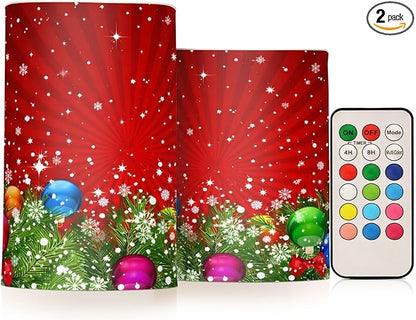 ALAZA Christmas Tree Decoration and Snowflakes Red Flickering Flameless Candles Battery Operated with Remote Timer,Tea Light Candles LED Pillar Votive Candles Set of 2 for Outdoor Indoor Decorations