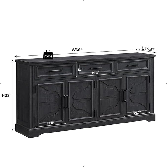 JXQTLINGMU TV Stand for TVs Up to 75", 66" Wide Entertainment Center with 4 Door & 3 Drawers, Media Console Table for Living Room, Black