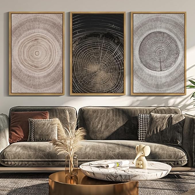 PHOPAGO Vintage Wood Tree Rings Wall Art 24x36in Farmhouse Rustic Framed Canvas Paintings Living Room Bedroom Decor Nature Artwork Natural Framed