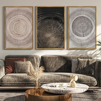PHOPAGO Vintage Wood Tree Rings Wall Art 24x36in Farmhouse Rustic Framed Canvas Paintings Living Room Bedroom Decor Nature Artwork Natural Framed