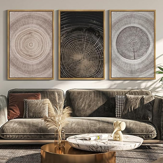 PHOPAGO Vintage Wood Tree Rings Wall Art 24x36in Farmhouse Rustic Framed Canvas Paintings Living Room Bedroom Decor Nature Artwork Natural Framed