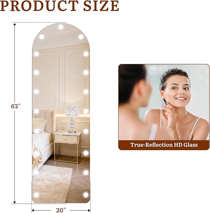 63"×20" Arched Hollywood Full Length Mirror, Standing/Leaning/Hanging Full Body Mirror with 19 Surrounding Lighted Bulbs, Floor Mirror with 3-Mode LED Lights for Bedroom and Living Room
