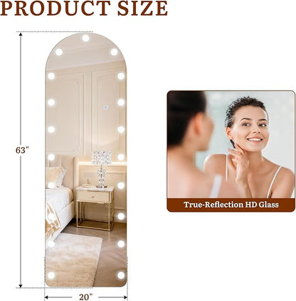 63"×20" Arched Hollywood Full Length Mirror, Standing/Leaning/Hanging Full Body Mirror with 19 Surrounding Lighted Bulbs, Floor Mirror with 3-Mode LED Lights for Bedroom and Living Room