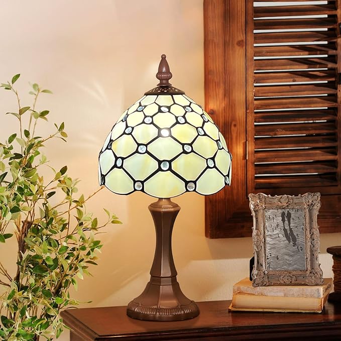 Capulina Tiffany Table Lamp 8 Inches Antique Beige Beads Style Stained Glass Small Desk Lamp Decor for Home Office Bedroom Living Room