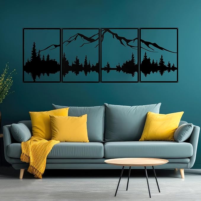YIYA 4 Pcs Mountain Metal Wall Art - Large Forest Decorative Black Metal Wall Decor - Vertical Wall Sculptures for Home, Living Room, Bedroom (landscape-2)