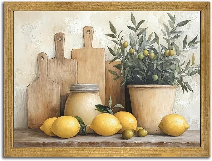 Wood Framed Vintage Kitchen Wall Art, Yellow Lemon Still Life Wall Decor Oil Paintings, Rustic Farmhouse Artwork Canvas Posters Prints Pictures for Living Room Bedroom Home Decor 8x10 Inch