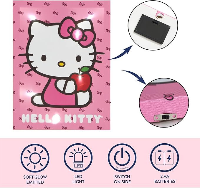 Hello Kitty LED Wall Art for Kids,Light-Up Canvas Wall Décor by Sanrio,11.5" x 15.75", Battery Operated Night Light for Bedrooms & Playrooms