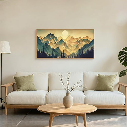 Mountains Forests Framed Canvas Wall Art Set,Abstract Sun Woodland Painting,Boho Scenery Sun Wall Decor,Natural Woodgrain Art Print for Living Room,Bedroom,Dining Room,Office - 20"x40"